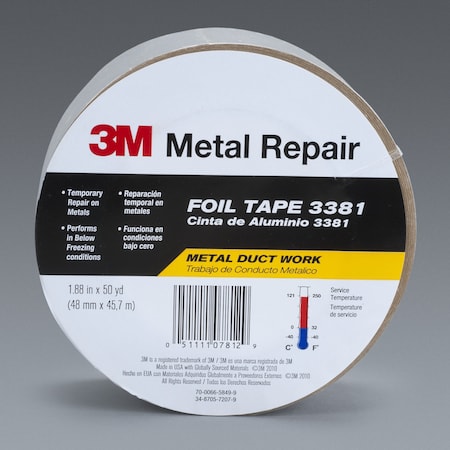 3M Aluminum Foil Tape 3381, Silver, 1.88 In X 50 Yd, 2.8 Mil 7100141702